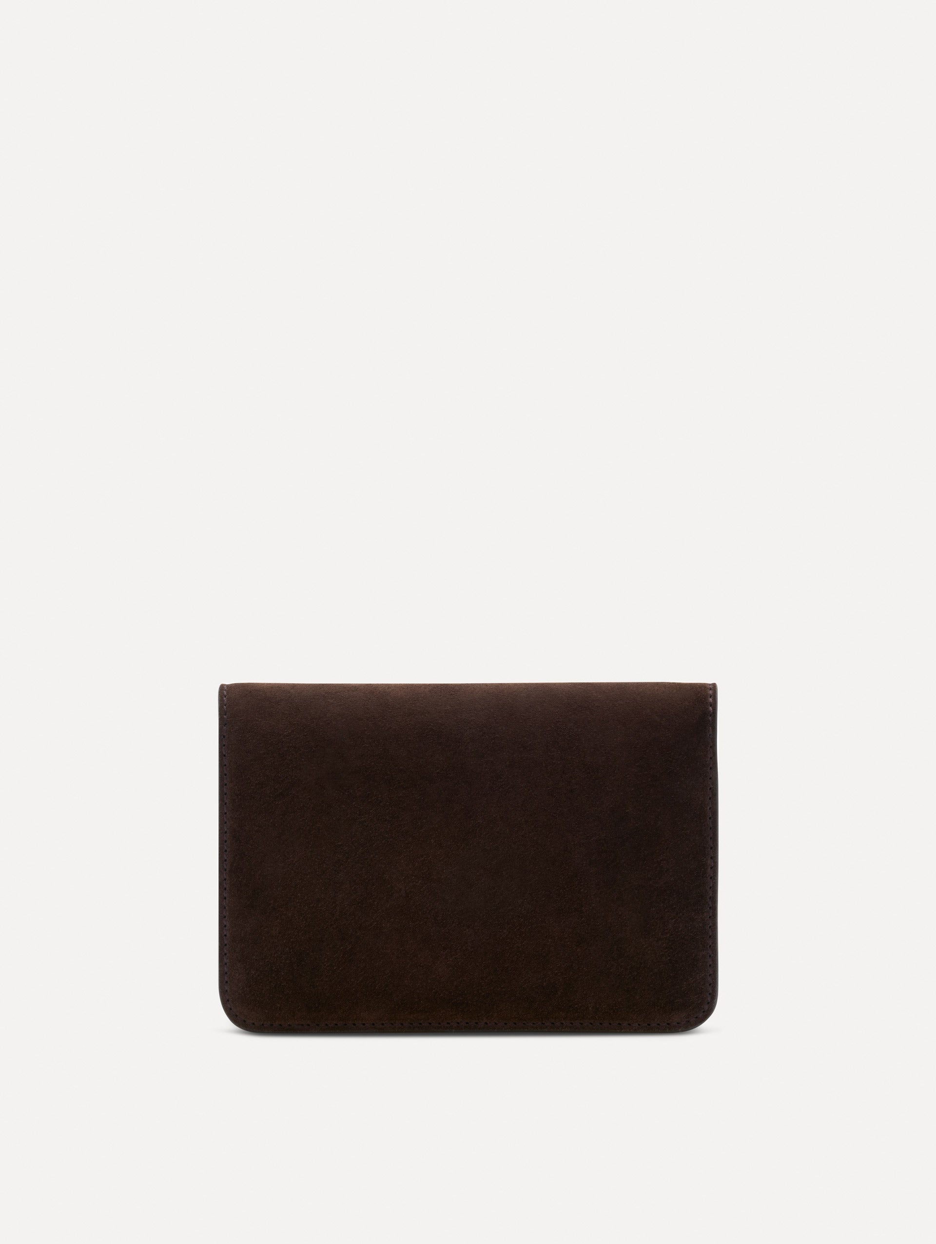 Brown O Pochette in Suede with gold strap and Brown abstract O Clasp. Back View.