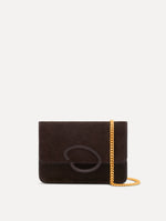 Brown O Pochette in Suede with gold strap and Brown abstract O Clasp. Front View.