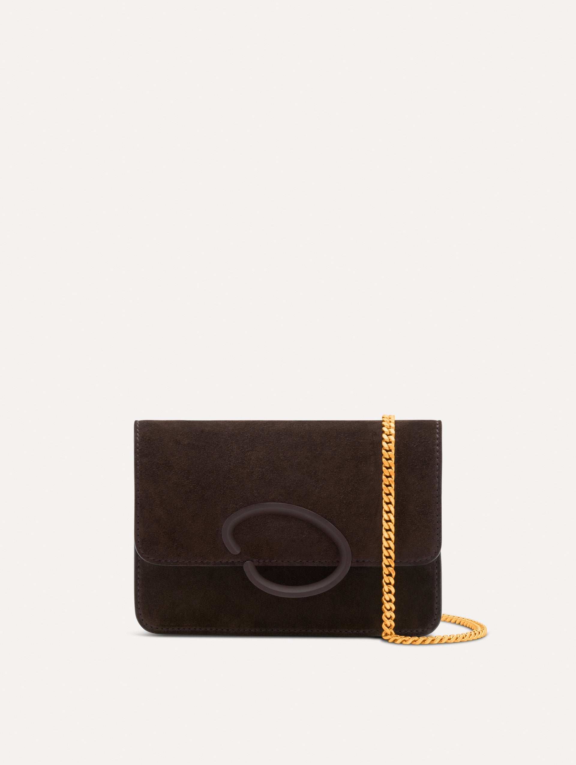 Brown O Pochette in Suede with gold strap and Brown abstract O Clasp. Front View.
