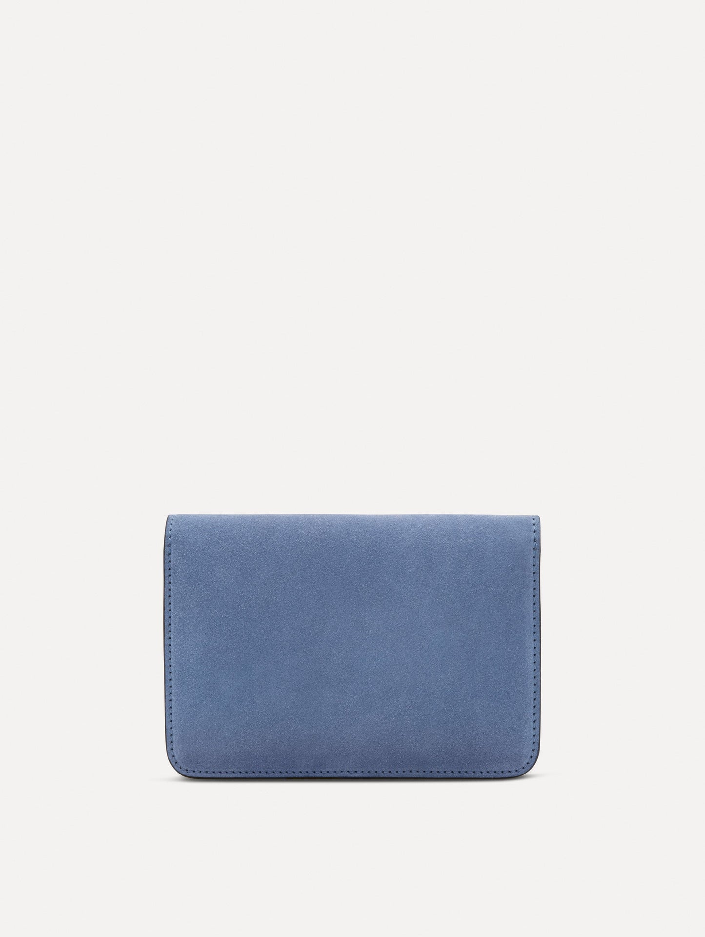 Blue O Pochette in Suede with gold strap and blue abstract O Clasp. Back View.