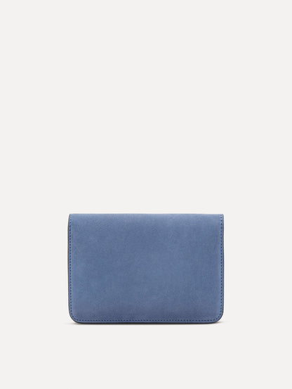 Blue O Pochette in Suede with gold strap and blue abstract O Clasp. Back View.