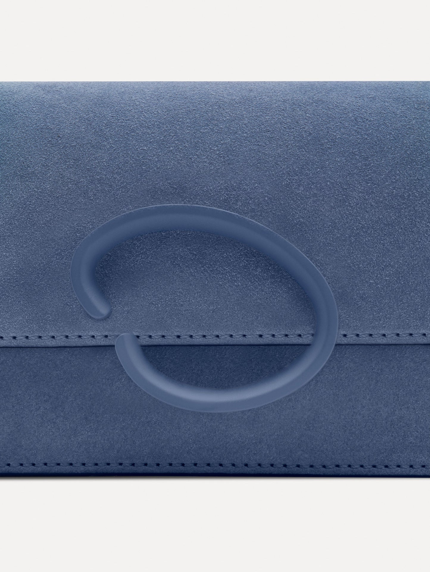 Blue O Pochette in Suede with gold strap and blue abstract O Clasp. Zoom View.