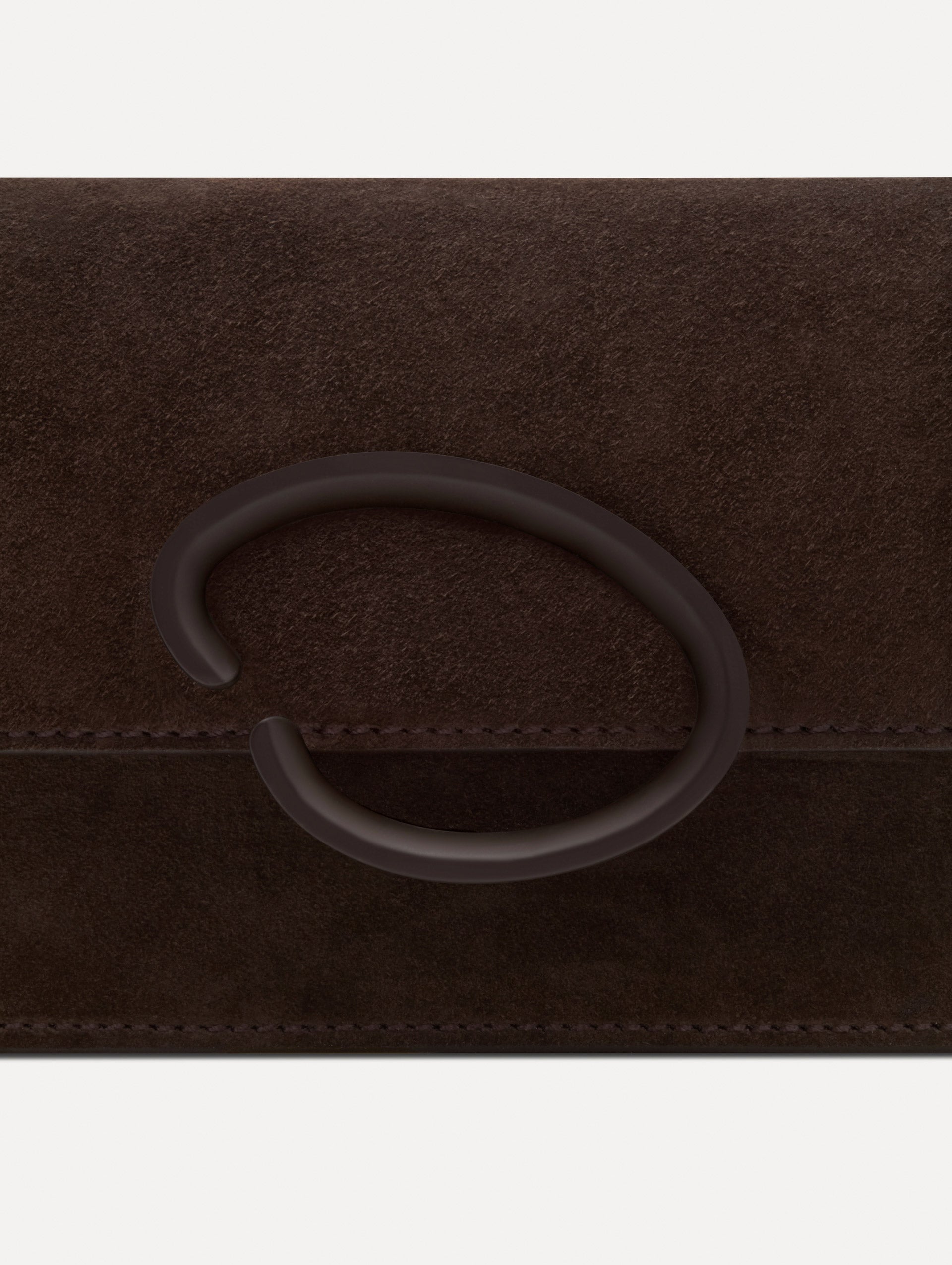 Brown O Pochette in Suede with gold strap and Brown abstract O Clasp. Zoom View.