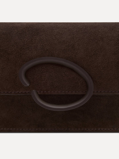 Brown O Pochette in Suede with gold strap and Brown abstract O Clasp. Zoom View.
