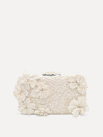 White Cherry Blossom Embroidered O Minaudière featuring a rectangular silhouette, beaded surface, and oversized three-dimensional flower embellishments.