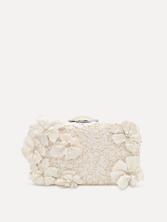 White Cherry Blossom Embroidered O Minaudière featuring a rectangular silhouette, beaded surface, and oversized three-dimensional flower embellishments.