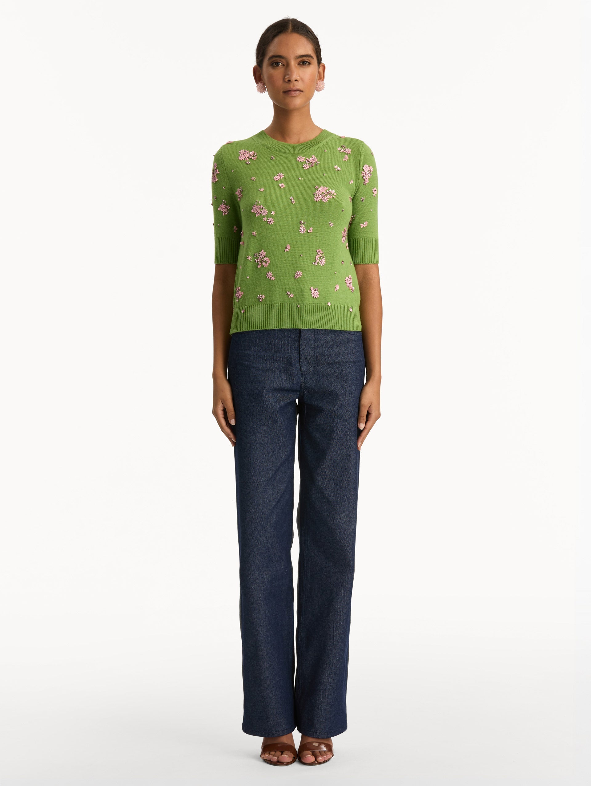 Green Crystal Cluster Embroidered Pullover with elbow length sleeves and pink crystal applique. Front View.