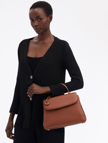 Large Leather Handbag in Cognac with Removable Shoulder Strap and Top Handle with Oscar O Logo Attached.