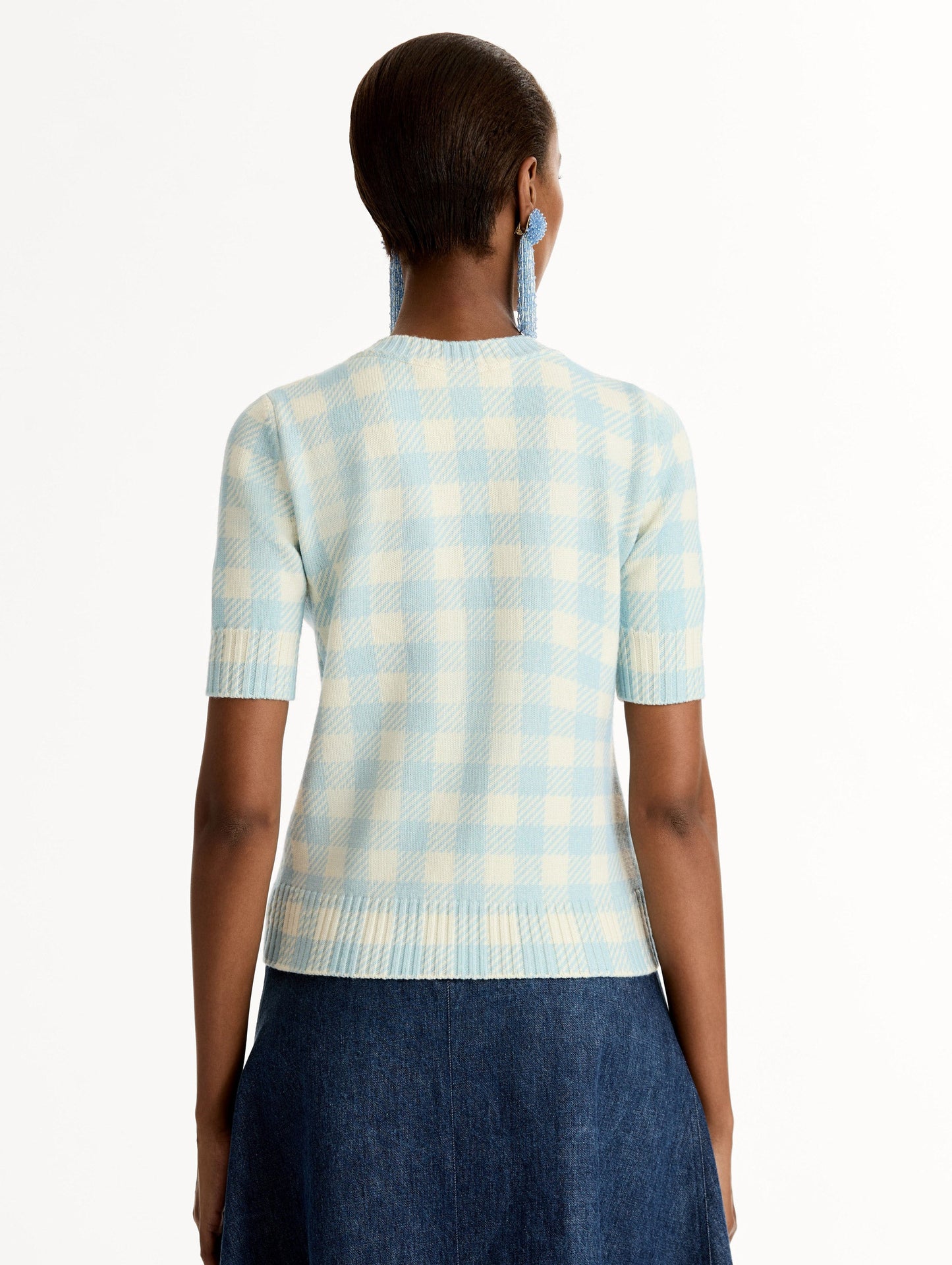 Short sleeve Knit pullover in classic pale blue and white gingham wool. Dimensional floral appliqué at the neckline. Back View.