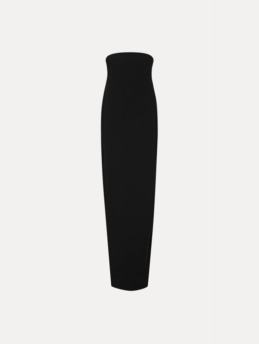 Black Strapless Draped Column Gown Front View