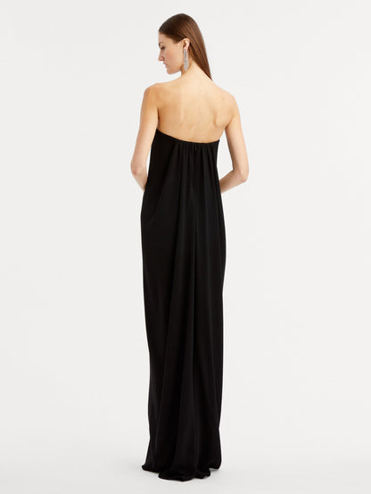 Black Strapless Draped Column Gown Back View