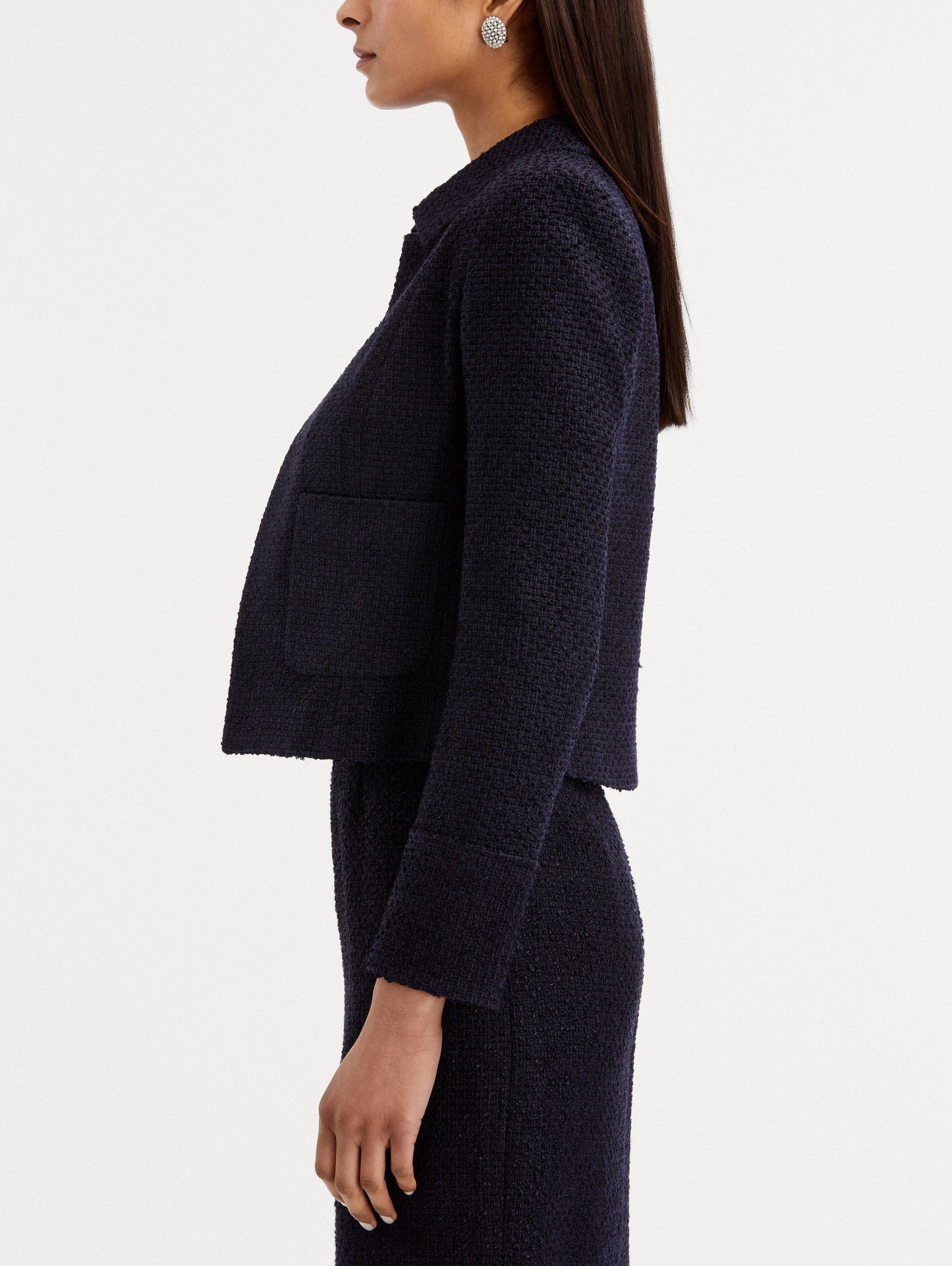 Navy Boucle Tweed Jacket styled with Navy Tweed Skirt Side View