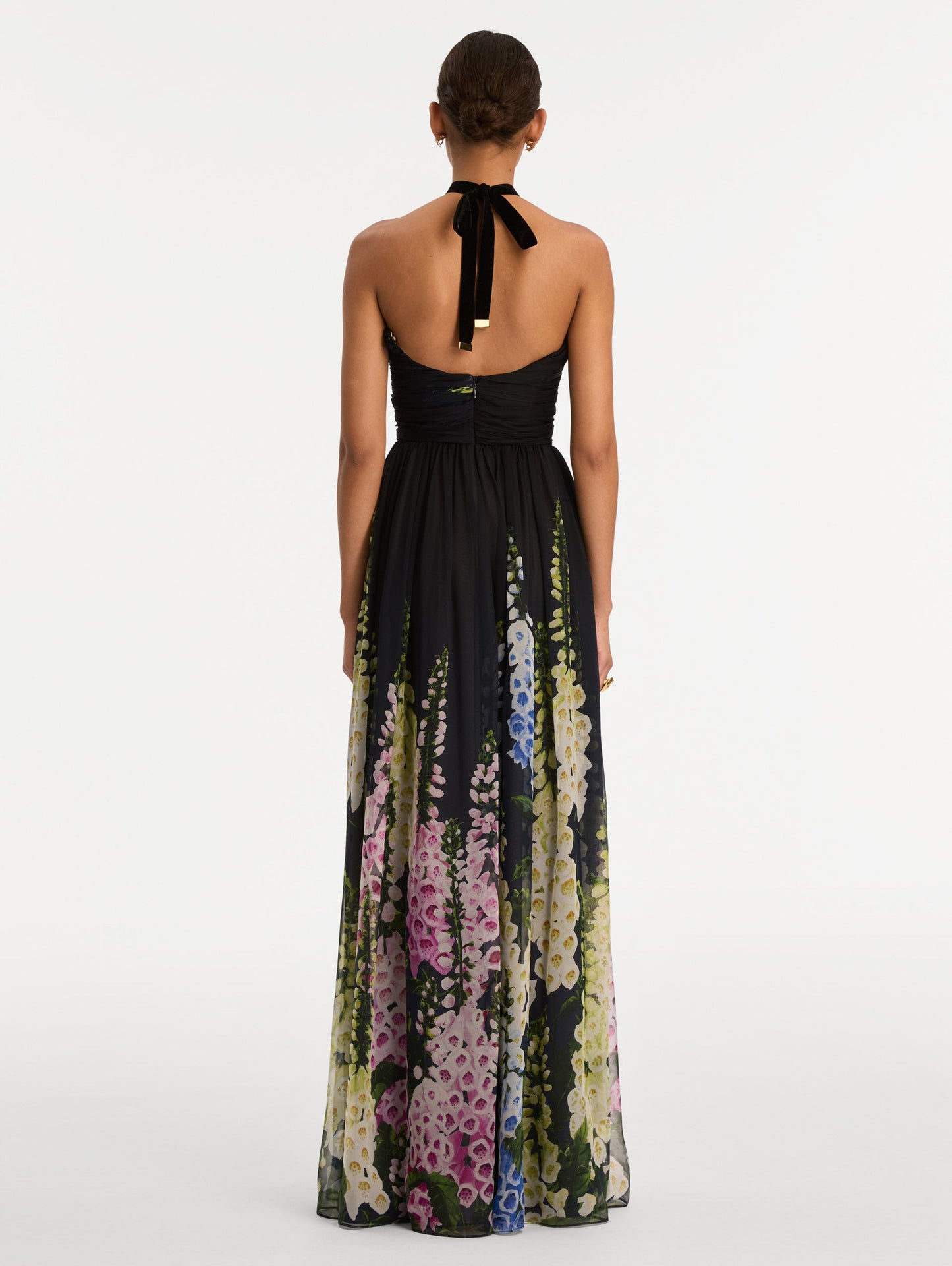 Black and Floral Degradé Foxglove Chiffon Gown with printed floral pattern and a strapless neckline. Back View.