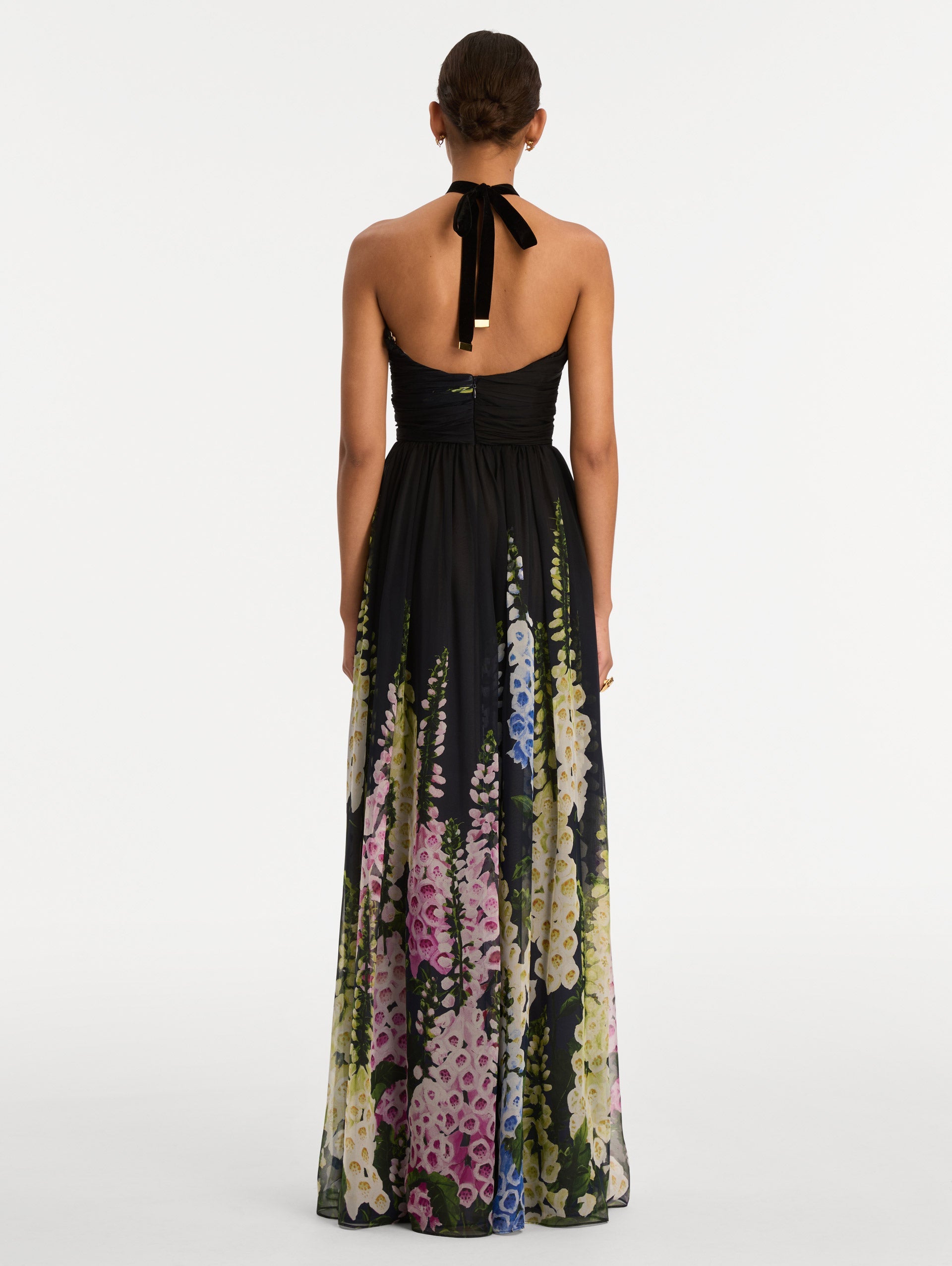 Black and Floral Degradé Foxglove Chiffon Gown with printed floral pattern and a strapless neckline. Back View.