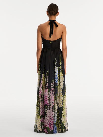 Black and Floral Degradé Foxglove Chiffon Gown with printed floral pattern and a strapless neckline. Back View.