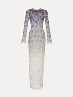 Blue to White Ombre Crystal Embroidered Long sleeve Gown Front View