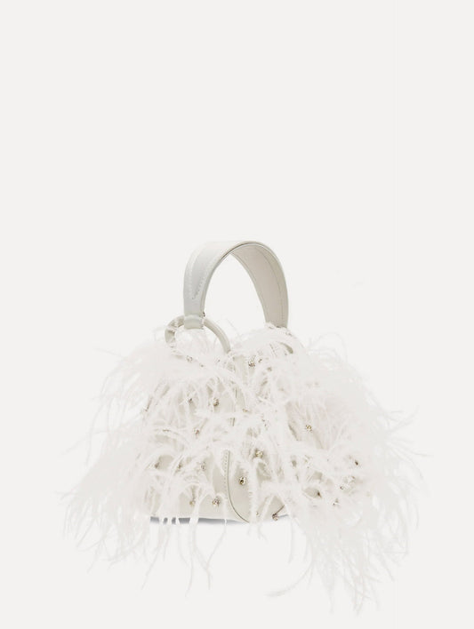 White Nano Ostrich Feather O Handle Bag Front View
