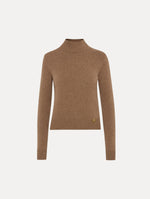 Light Brown Mock Neck Cashmere Pullover with Gold O Flower Detail in the Bottom Right Front View