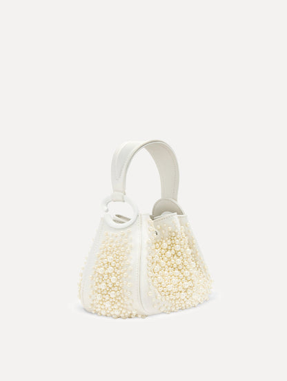 Nano Pearl Embroidered O Handle Bag in White Front View