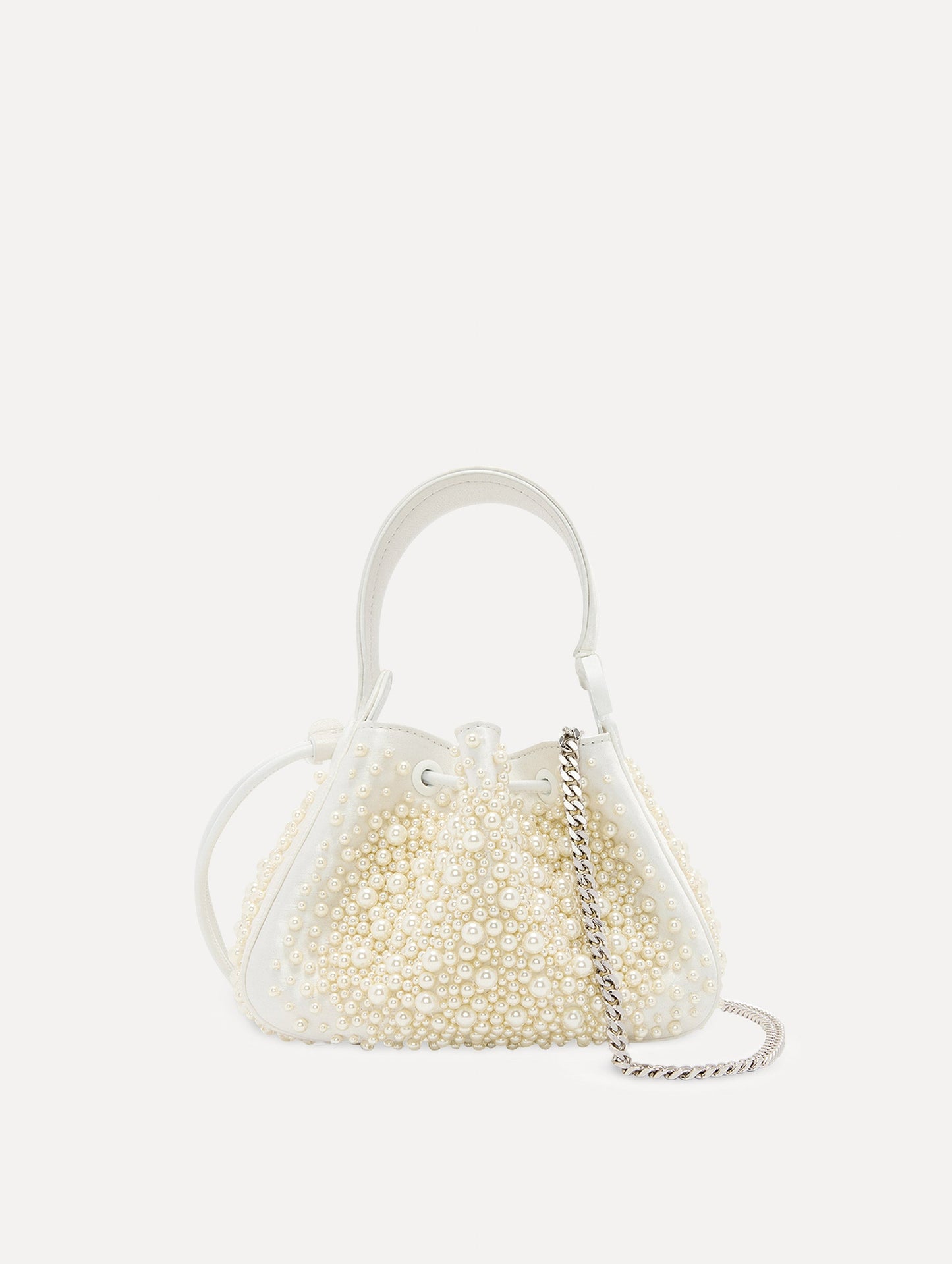 Nano Pearl Embroidered O Handle Bag in White with Detachable Shoulder Strap Side View