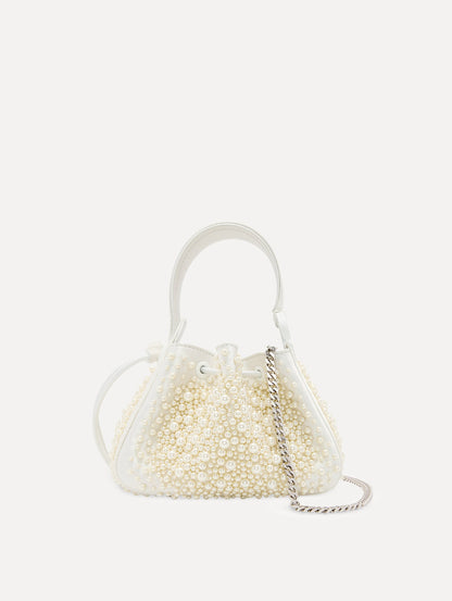 Nano Pearl Embroidered O Handle Bag in White with Detachable Shoulder Strap Side View