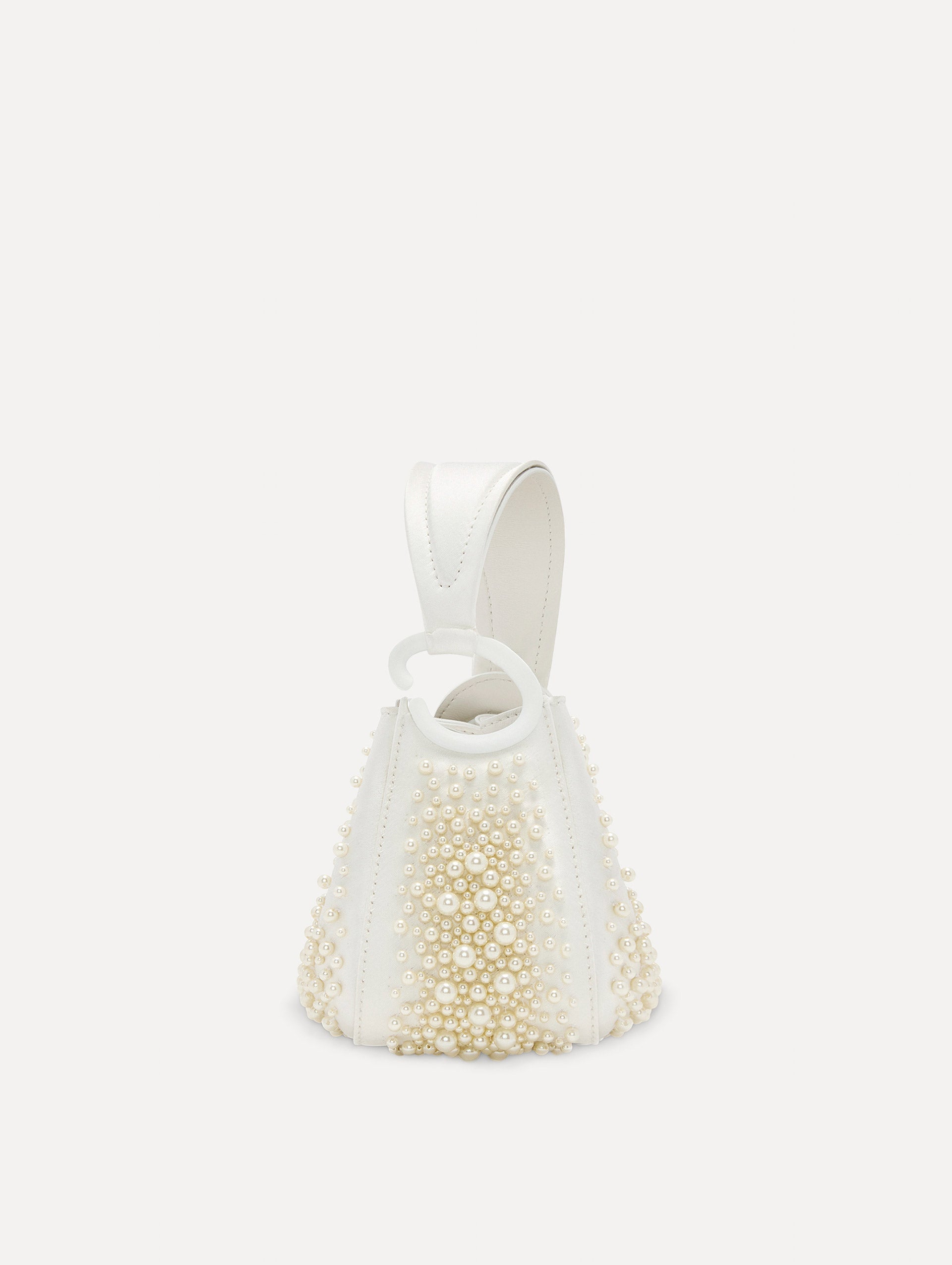 Nano Pearl Embroidered O Handle Bag in White Side View