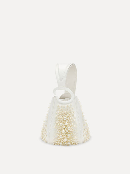 Nano Pearl Embroidered O Handle Bag in White Side View