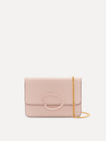 O Pochette Crossbody Bag in Blush with gold chain. Front View.