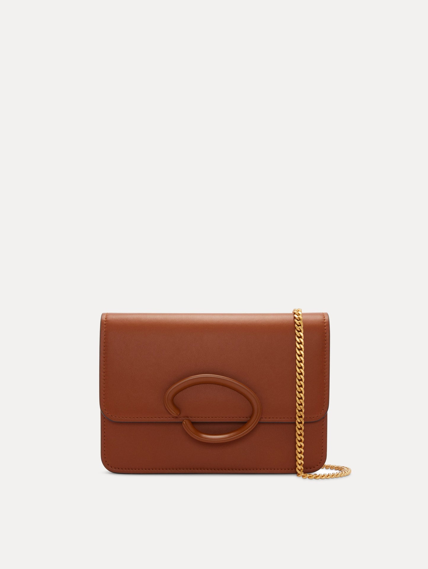 O Pochette Leather Handbag in Brown with Gold Shoulder Strap Front View