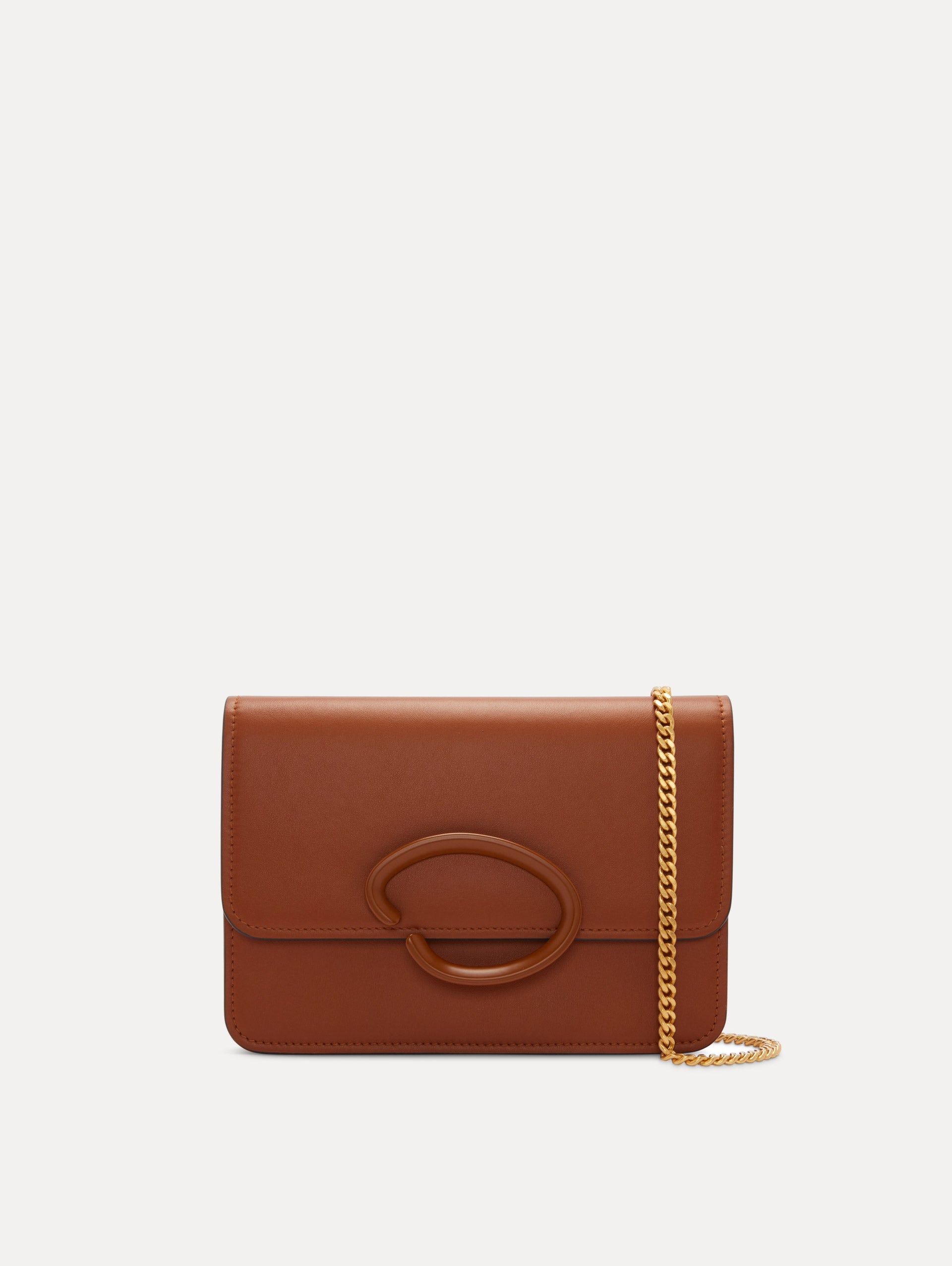 O Pochette Leather Handbag in Brown with Gold Shoulder Strap Front View