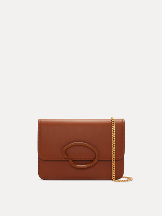 O Pochette Leather Handbag in Brown with Gold Shoulder Strap Front View