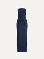 Bow-Detailed Column Gown in Navy. Front View.