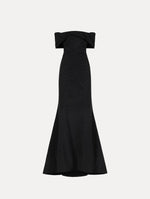 Drape-Detailed Trumpet Gown in Black. Front View.