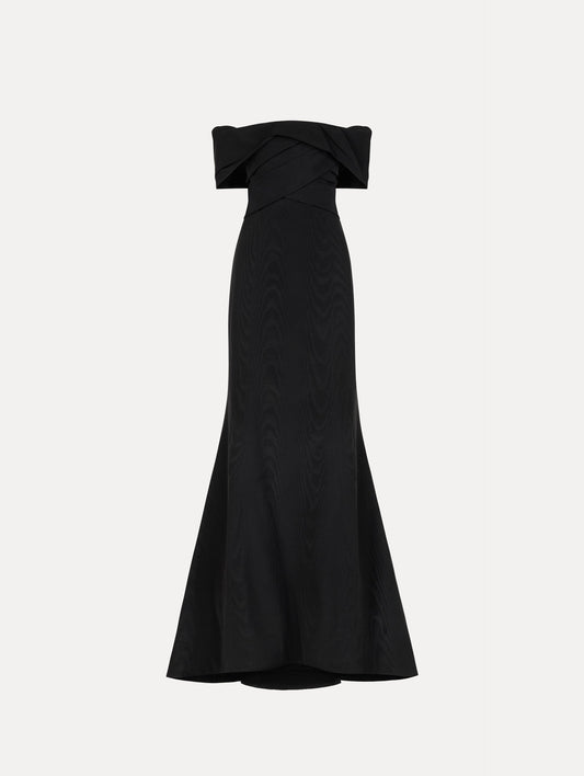 Drape-Detailed Trumpet Gown in Black. Front View.