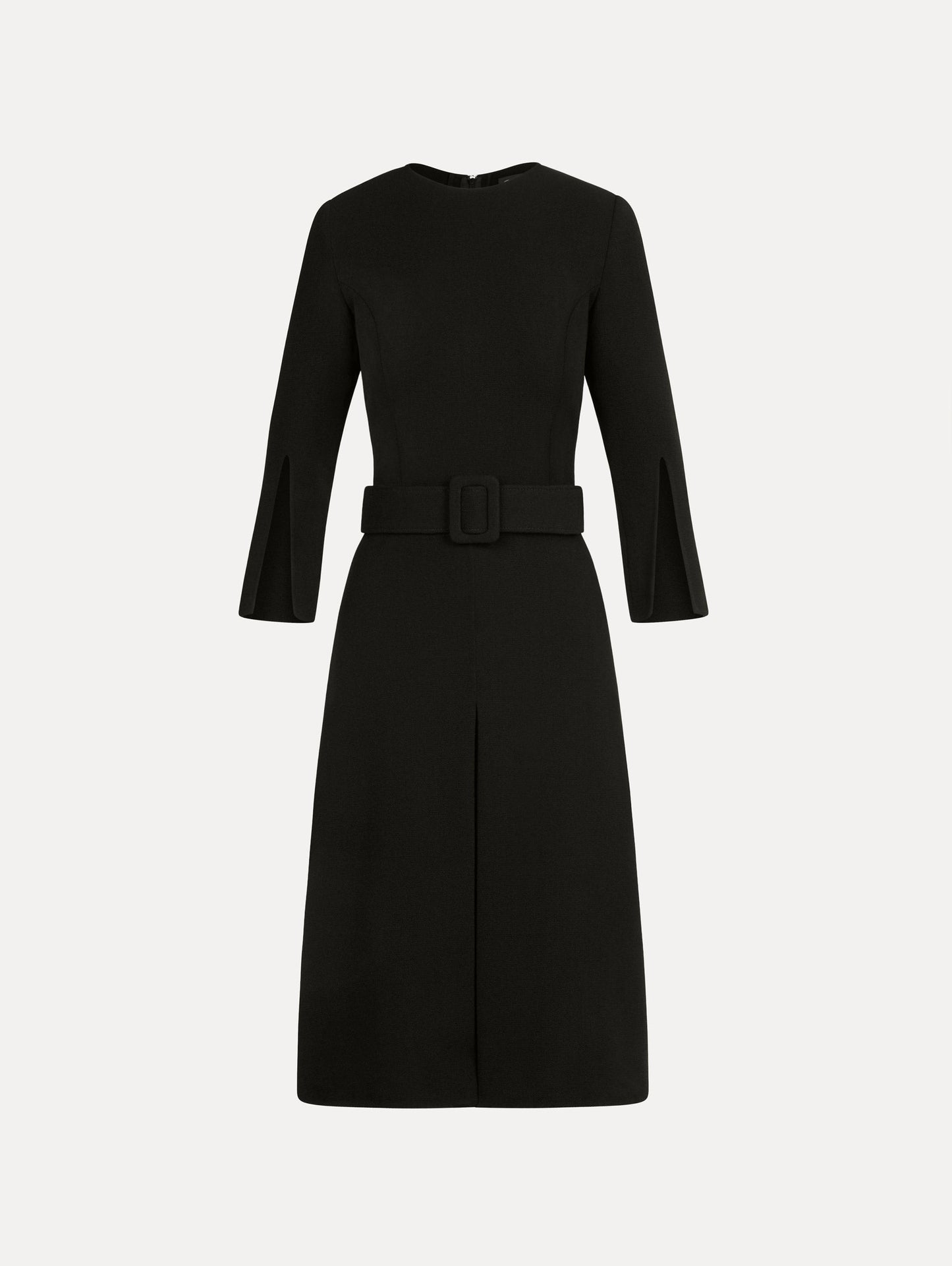 Split-Sleeve Wool-Blend Dress in Black. Front View.