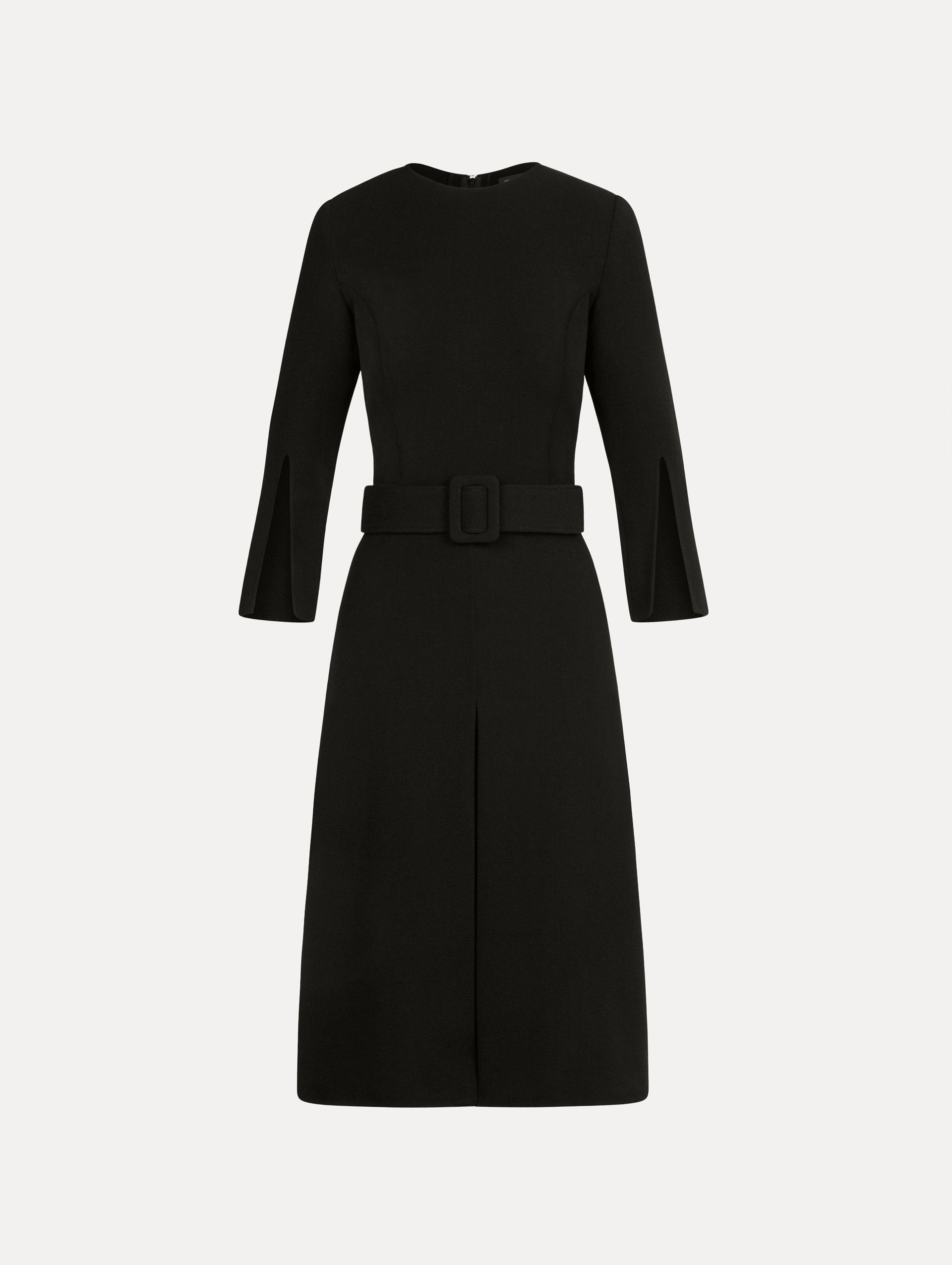 Split-Sleeve Wool-Blend Dress in Black. Front View.