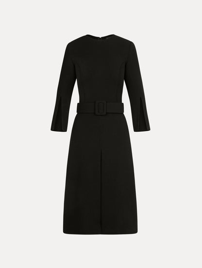 Split-Sleeve Wool-Blend Dress in Black. Front View.