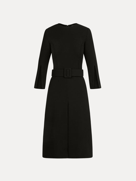 Split-Sleeve Wool-Blend Dress in Black. Front View.