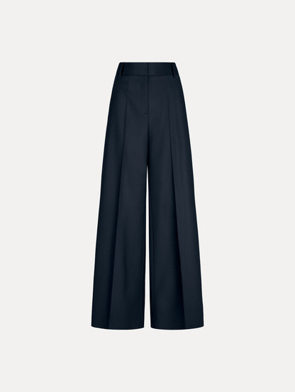 Wide-Leg Wool-Blend Pant in Navy. Front View.