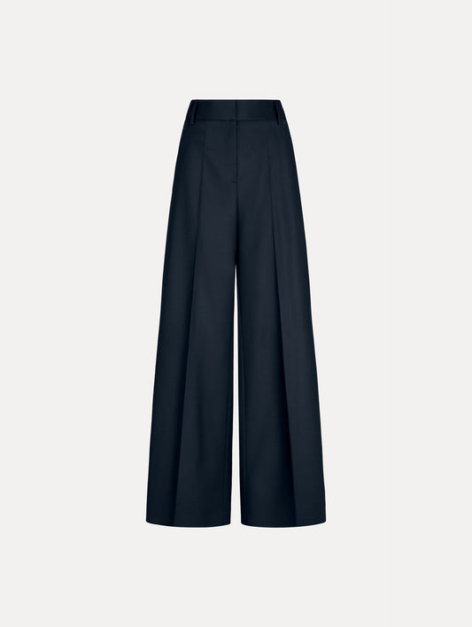 Wide-Leg Wool-Blend Pant in Navy. Front View.