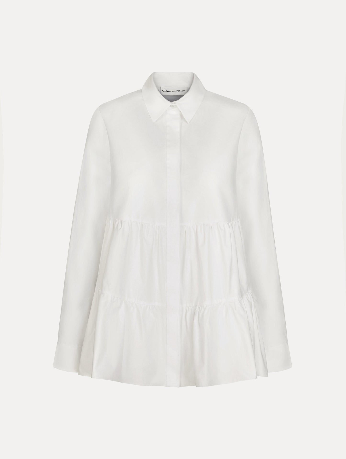 Tiered Cotton Poplin Blouse in White. Front View.