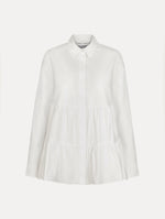 Tiered Cotton Poplin Blouse in White. Front View.