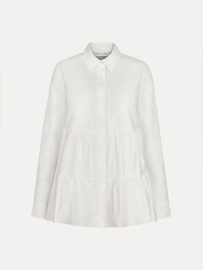 Tiered Cotton Poplin Blouse in White. Front View.
