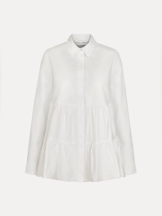 Tiered Cotton Poplin Blouse in White. Front View.