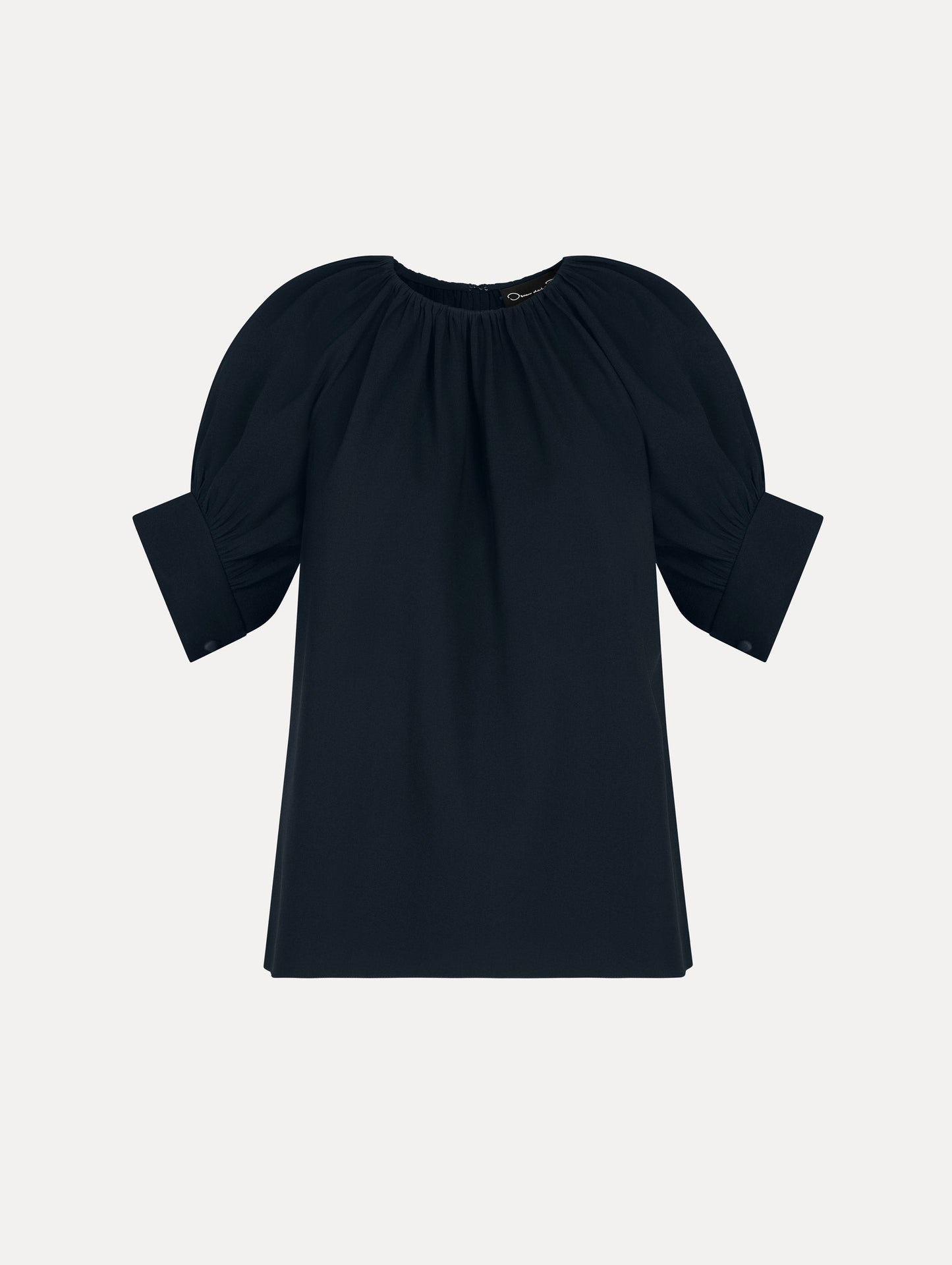 Gathered Silk Georgette Blouse in Navy. Front View.