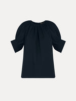 Gathered Silk Georgette Blouse in Navy. Front View.