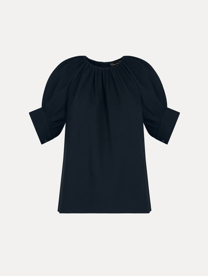 Gathered Silk Georgette Blouse in Navy. Front View.
