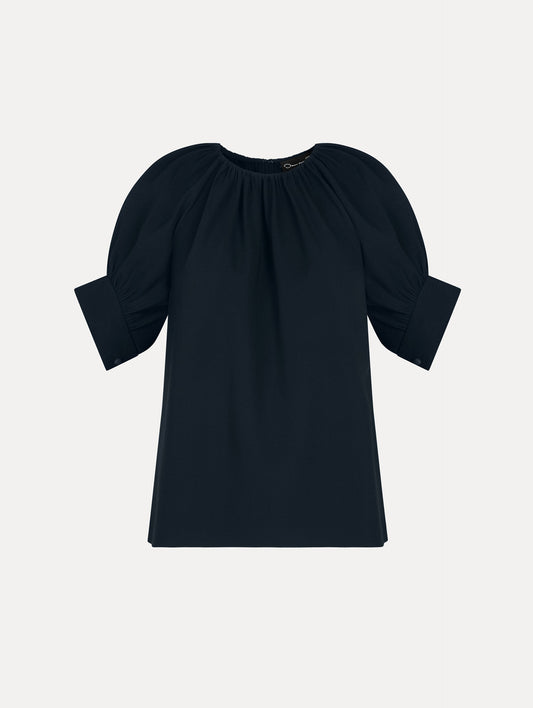 Gathered Silk Georgette Blouse in Navy. Front View.