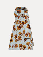 Peony Faille Gown with Shawl in a Brown and Blue Peony Print. Front View.