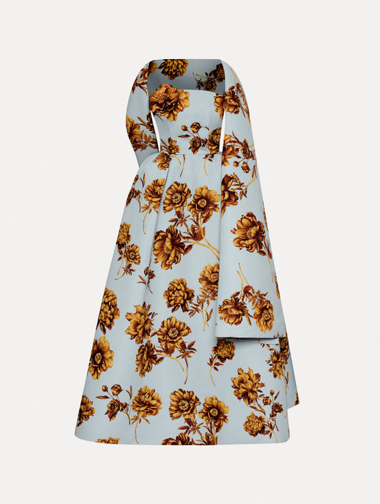 Peony Faille Gown with Shawl in a Brown and Blue Peony Print. Front View.